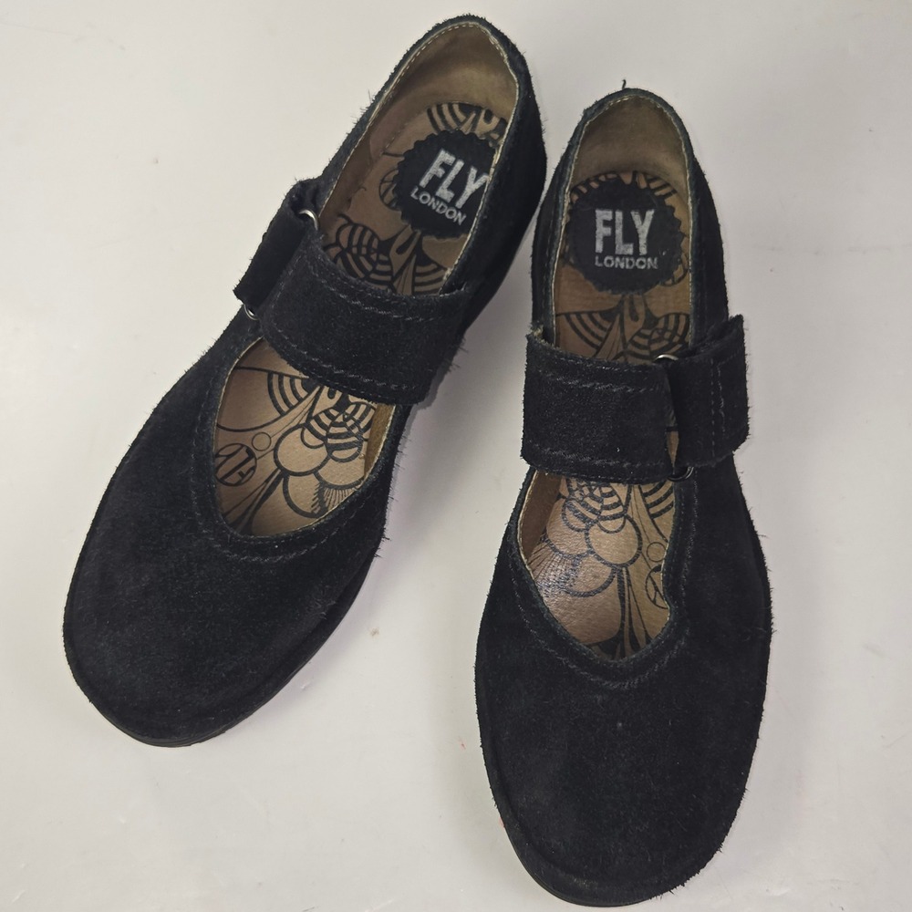 Fly London Black Suede Mary Jane Wedge Shoes 3216 Size 38/USA 7.5